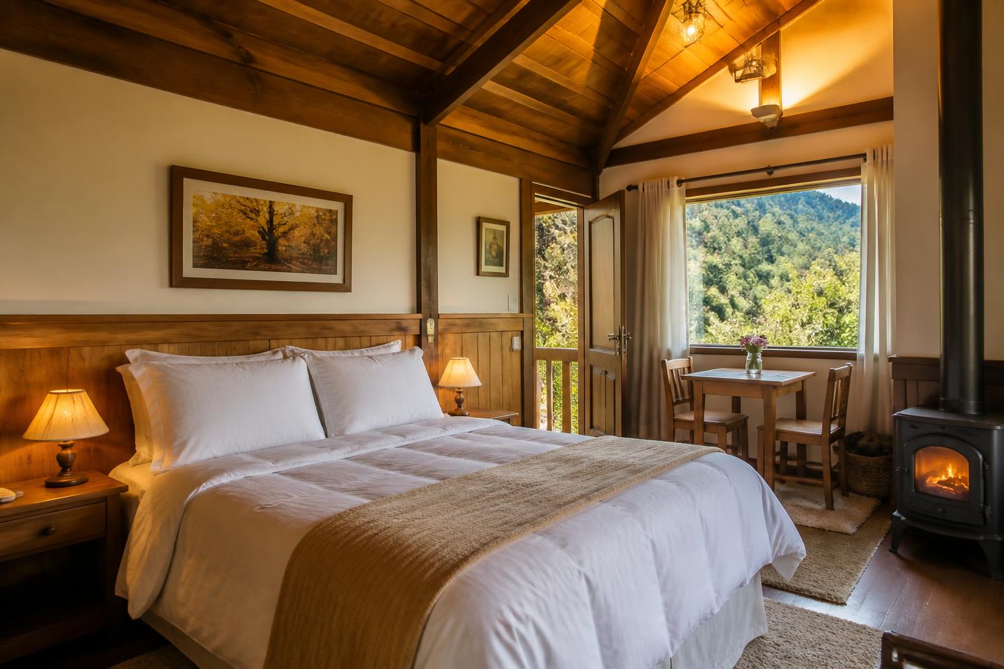 Interior do chalé de madeira com cama de casal e vista para a mata