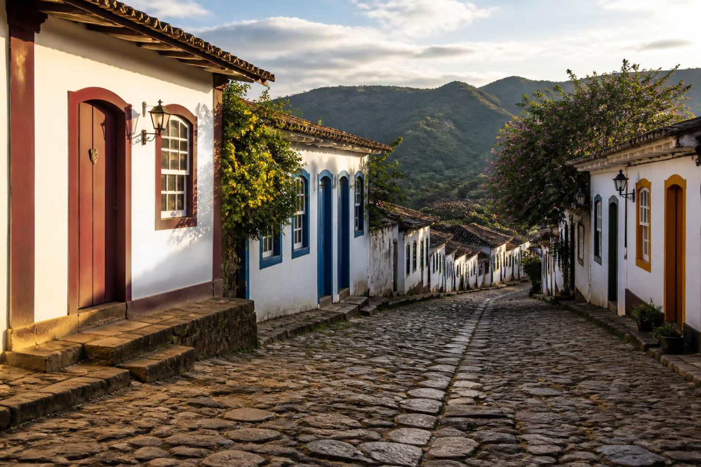 Rua de pedra de Lavras Novas com casas coloniais