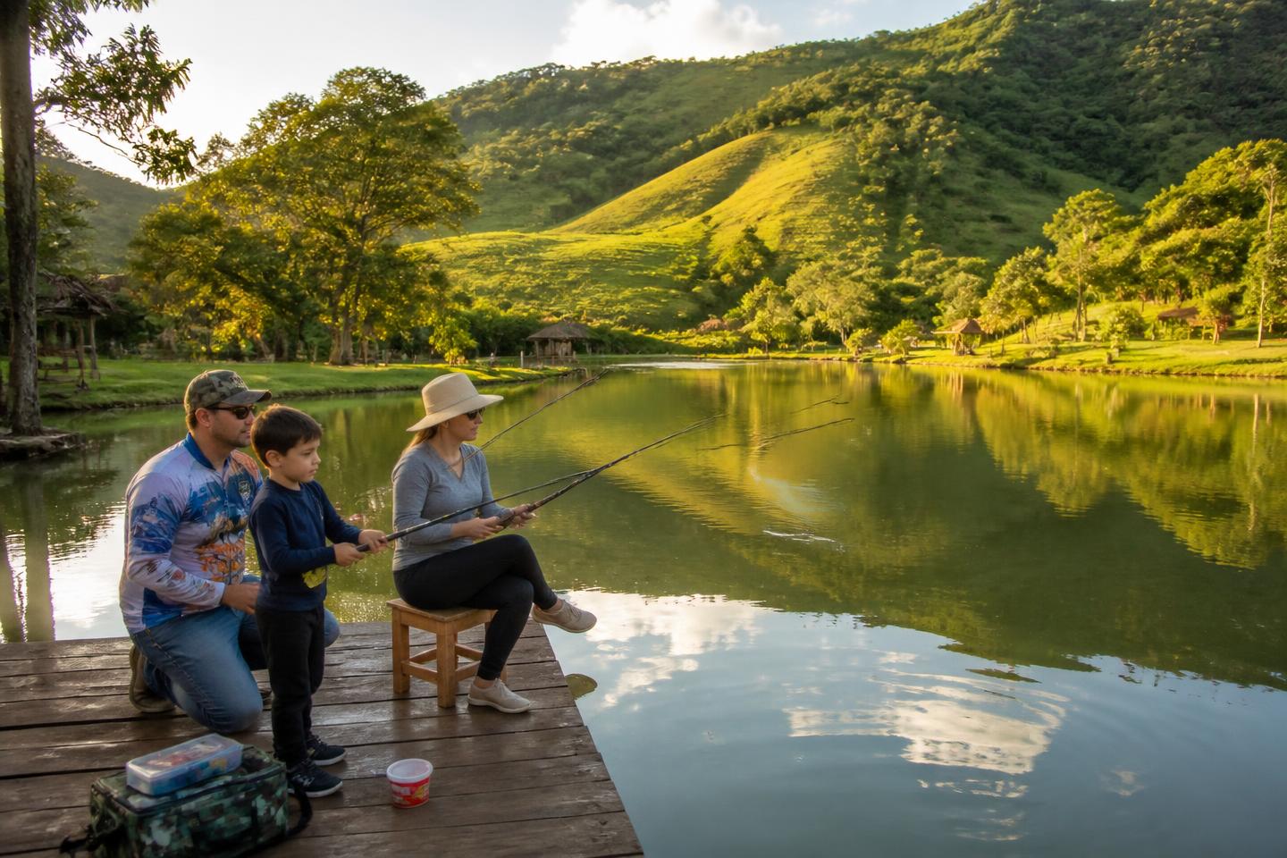 Família pescando no lago do pesque-pague da Casa da Roça